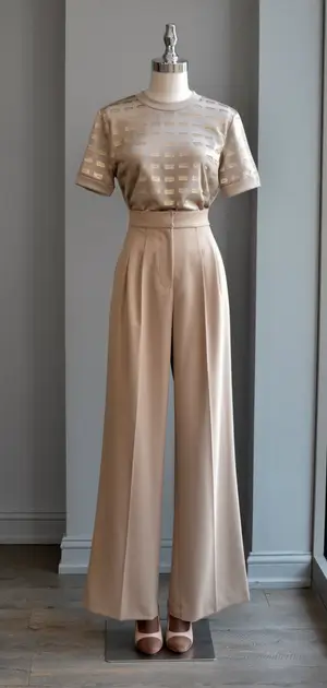 Elegant beige T-shirt with square patterns, paired with wide-leg trousers