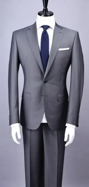 Charcoal wool suit with blue tie