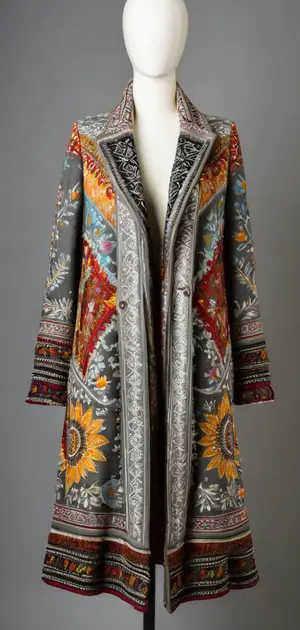 Detailed dark bohemian coat with floral and geometric patterns