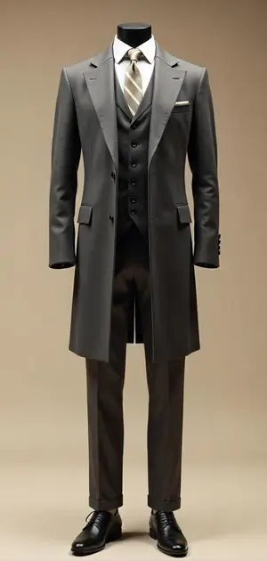 Grey long coat with a three-piece suit