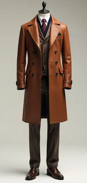 Brown double-breasted leather coat with a three-piece suit