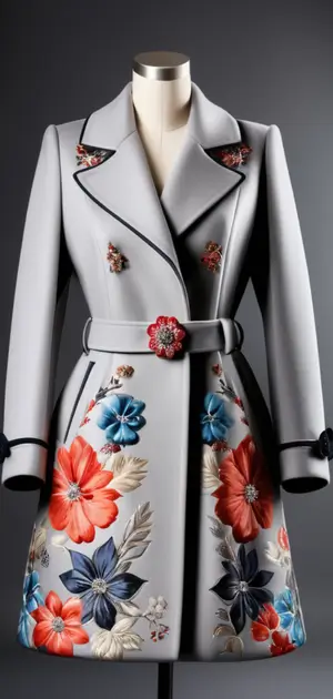 Grey trench coat with floral prints on a mannequin
