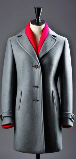 Elegant grey coat with red collar and cuffs