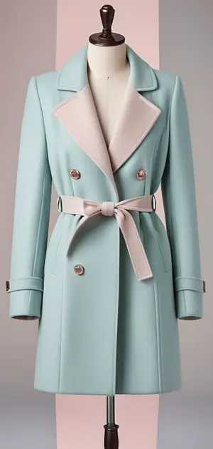 Mint green coat with pink lapel and ribbon belt