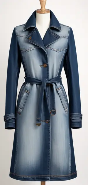 Classic blue denim coat with buckle and button details
