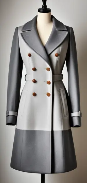 Grey double-breasted coat with brown buttons