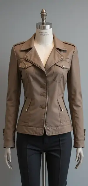 Taupe biker jacket on mannequin