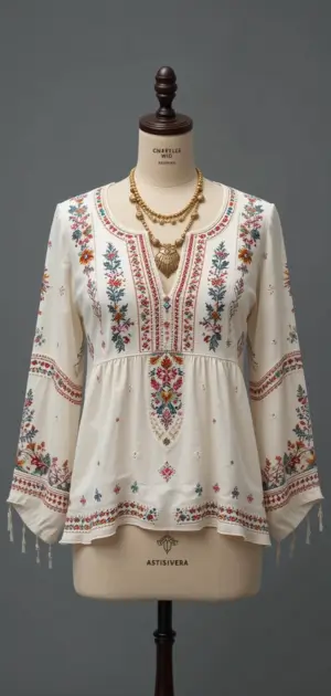 A cream bohemian blouse featuring bright floral patterns and stylish tassels.