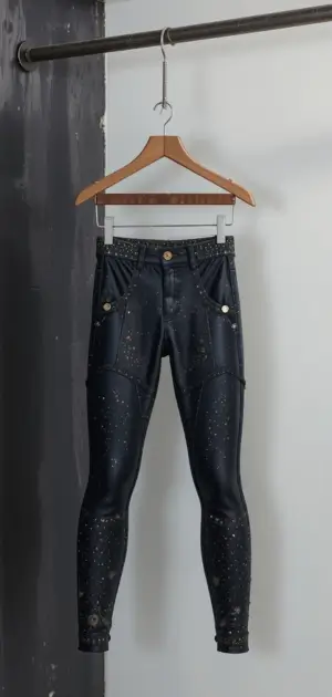 Women’s black leggings featuring metallic details and an embellished design.
