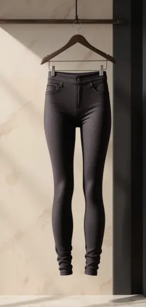 A pair of dark grey classic leggings hanging on a wooden hanger in soft lighting.