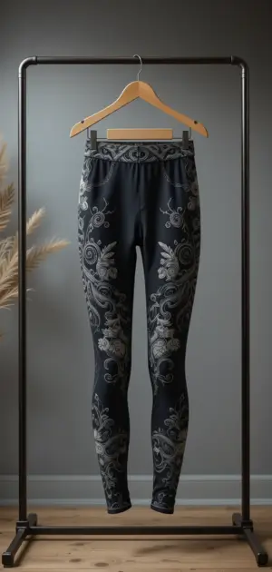 Black cotton-blend leggings featuring detailed silver floral and scroll patterns.