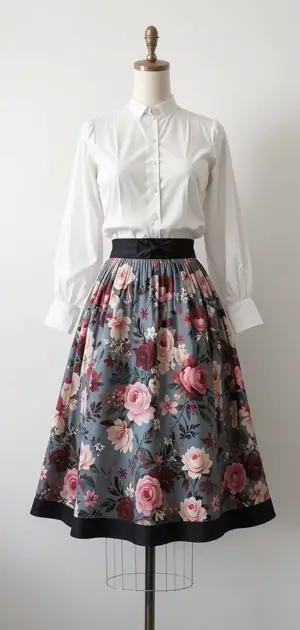 A navy floral skirt styled with a soft cream blouse.