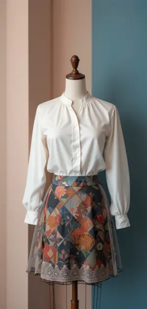 A fitted white blouse with a short floral geometric skirt.