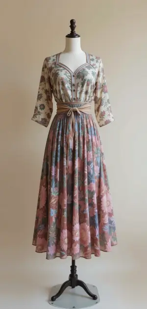 A vintage-style floral dress with intricate patterns and soft hues.