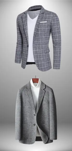 Men’s athletic blazers in light grey and patterned grey for sharp looks.