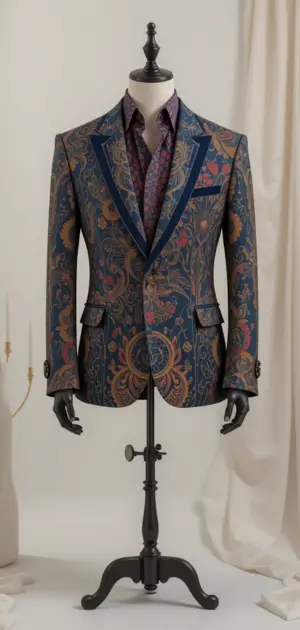 A selection of men’s bohemian blazers with bold colours and intricate patterns.