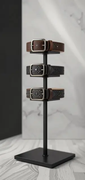 A selection of men’s black and brown budget belts with intricate buckles.