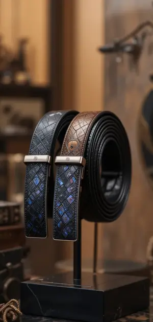 Black and brown luxury men’s belts featuring intricate patterns and sleek buckles.