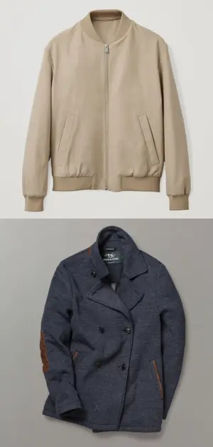A beige bomber jacket and navy peacoat showcasing classic minimalist colors for men.