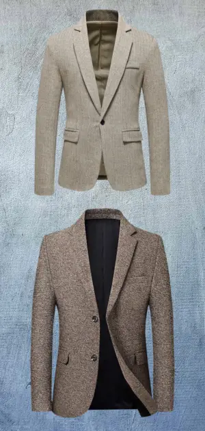 Two men’s solid blazers in beige and brown shades, perfect for casual or formal wear.