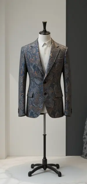 Men's streetwear blazer in neutral shades with detailed patterns and sleek design.