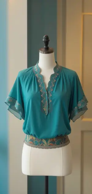 Stylish blouses in white and teal with embroidery details.
