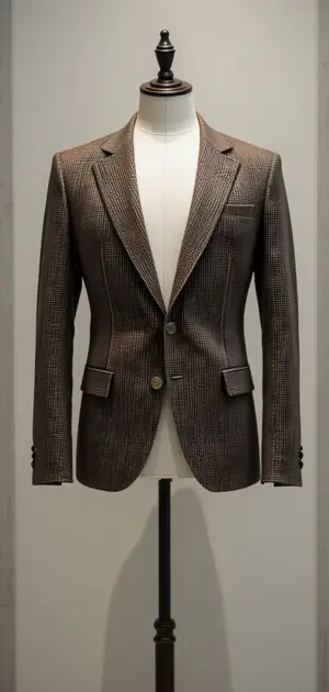 A men’s brown minimalist blazer displayed on a mannequin, showcasing refined texture.