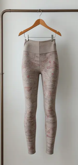 Taupe-colored women’s leggings with a textured pattern on a hanger against a light background.