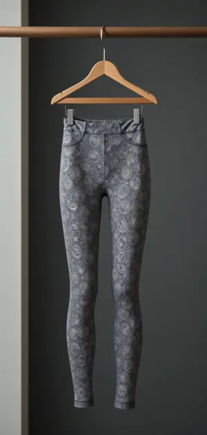 A pair of grey office leggings hanging on a wooden hanger with a swirl design.