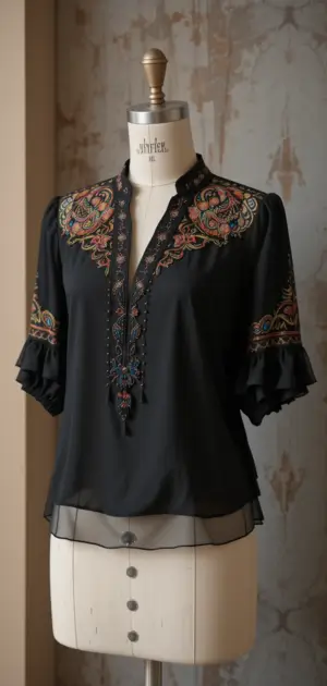 A black party blouse featuring colorful embroidery, sheer hem, and ruffled sleeves.