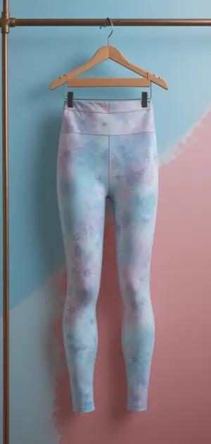 A pair of pastel tie-dye leggings in soft blue and pink, hanging on a wooden hanger.