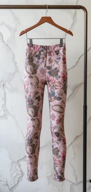 Pink spring leggings featuring floral and paisley designs, perfect for stylish spring outfits.