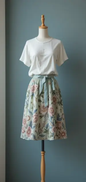 A lively floral skirt outfit in turquoise with a cropped top.