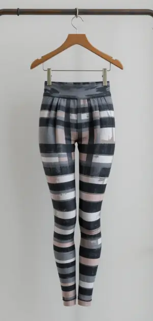 Women’s striped leggings in black, white, and grey shades are displayed on a wooden hanger.