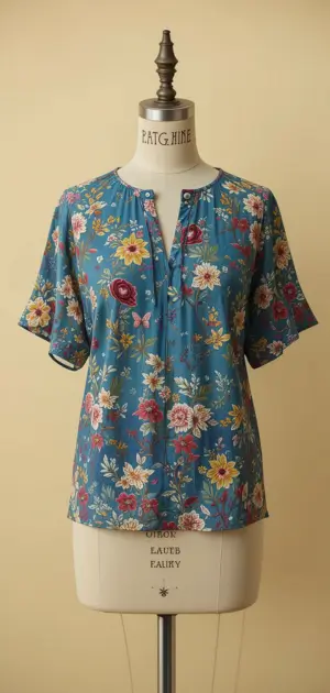 Blue short-sleeve blouse with colorful floral prints and a buttoned neckline. 
