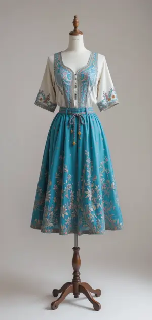 A breezy blue skirt with delicate floral patterns and a tie belt.