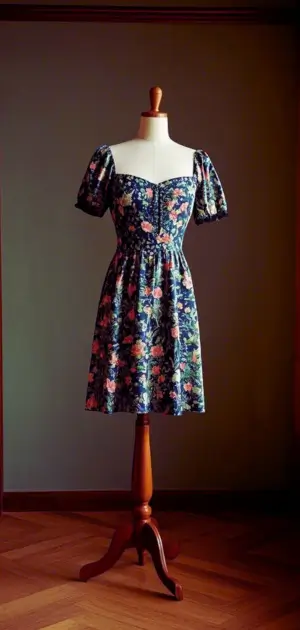 Casual midi floral dress with accessories.