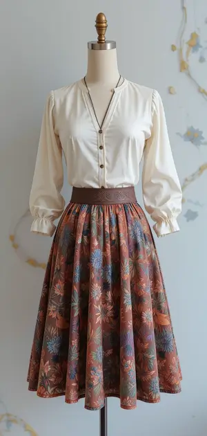 A soft brown A-line skirt with floral prints and a buttoned blouse.