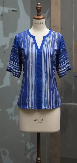 Striped blue blouse for women featuring a sleek silhouette and short sleeves.