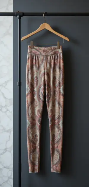 Elegant bohemian leggings in neutral hues with intricate mandala-like patterns.