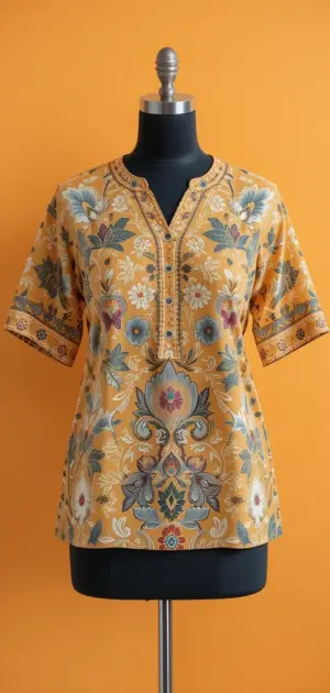 A mustard yellow cotton blouse featuring bold floral prints and short sleeves.