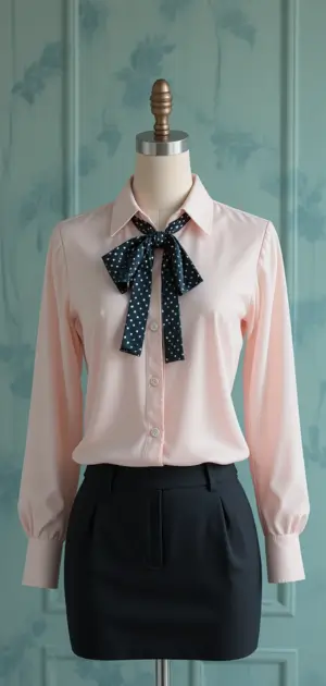 A pink office blouse featuring a polka-dot bow tie, ideal for a polished work outfit.