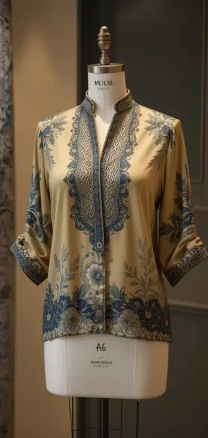 A gold silk blouse featuring detailed blue floral embroidery and a Mandarin collar.