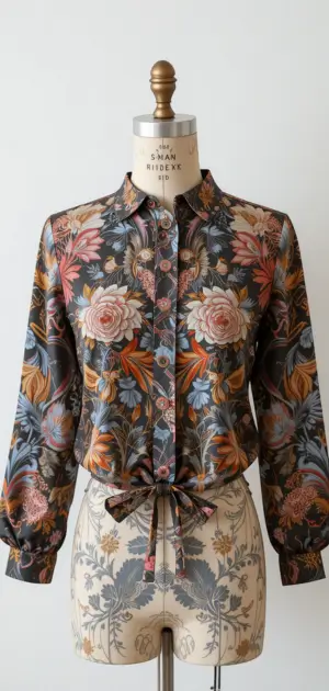 A mannequin wears a floral satin blouse with warm tones and a waist tie, ideal for spring fashion. 