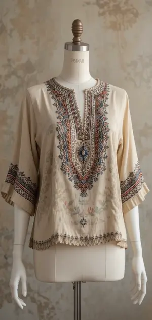 A beige embroidered blouse with scalloped hem and detailed designs displayed on a mannequin.
