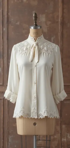 A cream vintage blouse featuring lace embellishments, scalloped edges, and a bow tie.
