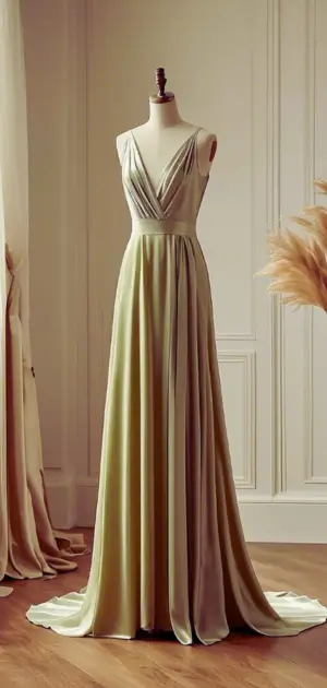 V-neck silk maxi dress paired with statement accessories
