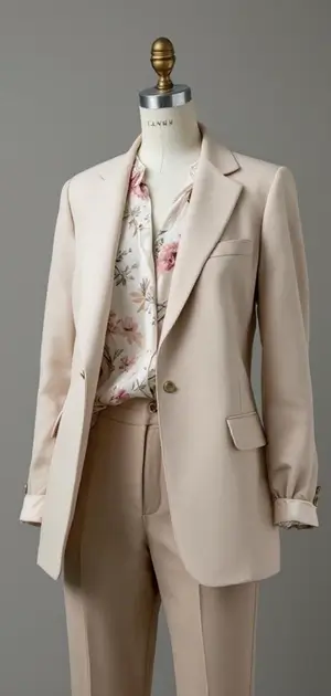 Beige cotton blazer with floral accents for women