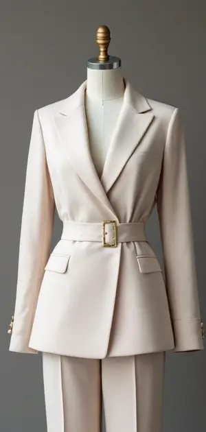 cream belted blazer with gold accents for women
