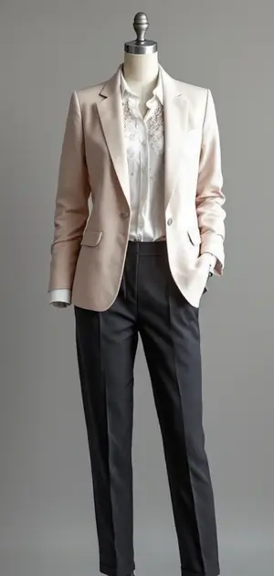 A light beige blazer styled with black trousers and a shirt for women